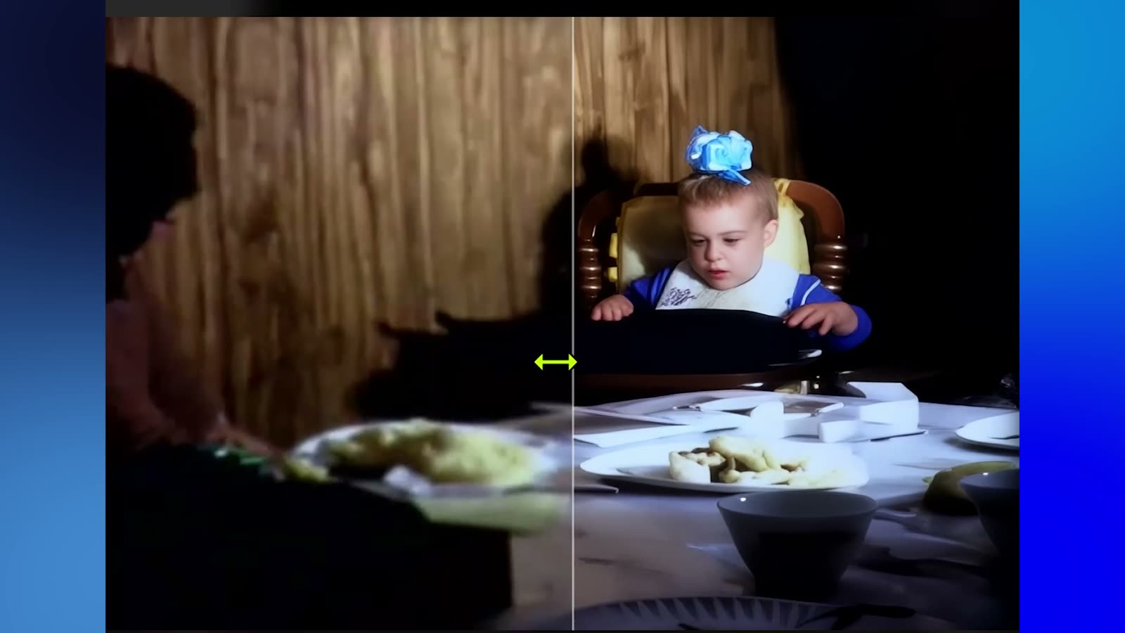 A dark, blurry home movie on the left and the same frame restored on the right