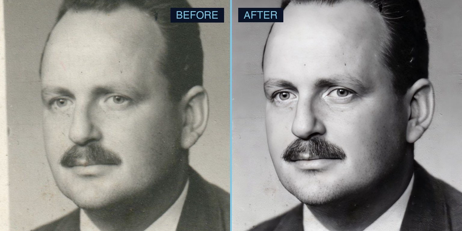 Before and after photo enhancement: a faded print restored to sharp, correctly exposed detail